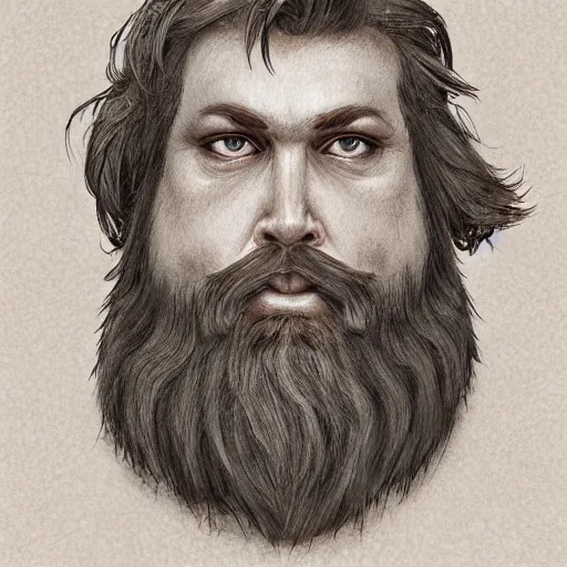 Prompt: portrait, 5 0 years old man, large, stocky : : fantasy : : brown hair, sympathetic, thick brown beard : : noble medieval clothing : : high detail, digital art, rpg, concept art, illustration