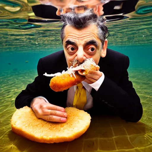 Prompt: An Alec Soth portrait photo of Mr. Bean eating a corndog while underwater