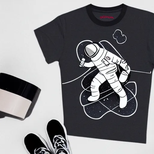 Image similar to astronaut skateboarding, graphic tees, line art