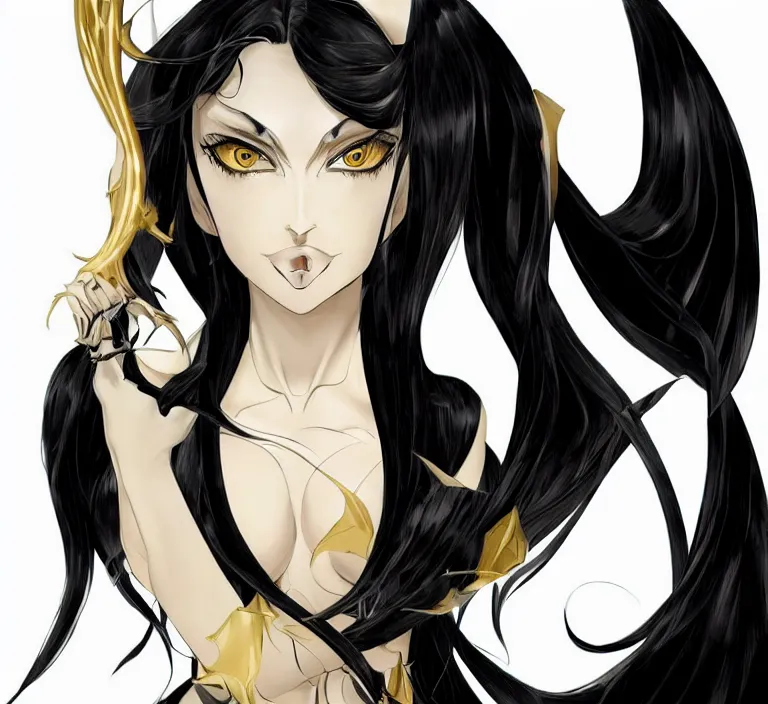 Image similar to An impeccable beauty, Albedo is a woman with lustrous jet-black hair and the face of a goddess. She has golden irises and vertically split pupils; on her left and right temples are two thick horns protruding crookedly, and on her waist are a pair of black angel wings. Albedo wears a pure white dress with silky gloves covering her slender hands and a golden spiderweb necklace that covers her shoulders and chest. In combat, she wears an impressive black full plate armor with a unique helmet and carries a battle-axe with her. Octane Render, Photorealistic Render, Hyper realistic, Noir