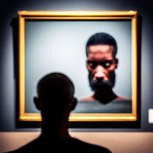 Image similar to A man staring at a painting of himself staring back. Modern art gallery. Wide angle. Photorealistic. Dramatic lighting. Award winning photography. 35mm photograph.