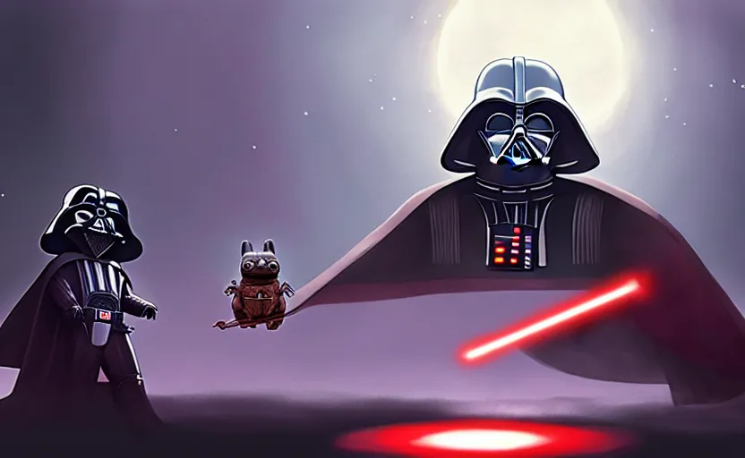 Image similar to darth vader force choking totoro in a space opera studio ghibli animated film, d & d, fantasy concept art, global illumination, interesting composition, volumetric lighting, art by enki bilial, highly detailed