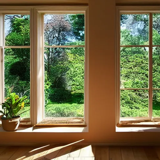 Image similar to meditative room in the warm morning sunlight with windows showing a beautiful garden, serene, colorful