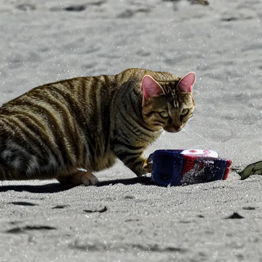 Prompt: a photo superhero tabby cat fightning a crocodile on a sunny beach