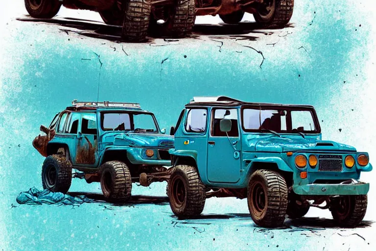 Image similar to digital illustration of a faded cyan mad max's fj 4 0 decrepit!!!! pursuit special, rusty!!! nissan fj cruiser heavily modded 1 9 9 0 s, the last v 8 interceptor by makoto shinkai, ilya kuvshinov, lois van baarle, rossdraws, basquiat