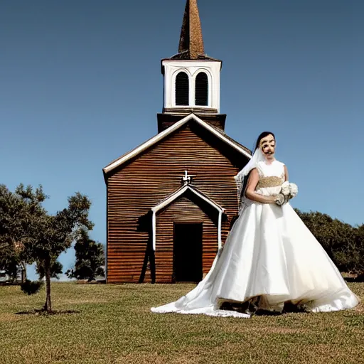 Image similar to picture of ghostly bride in front of an old wooden white church, 1 9 th century southern gothic scene, taken by calatrava, santiago