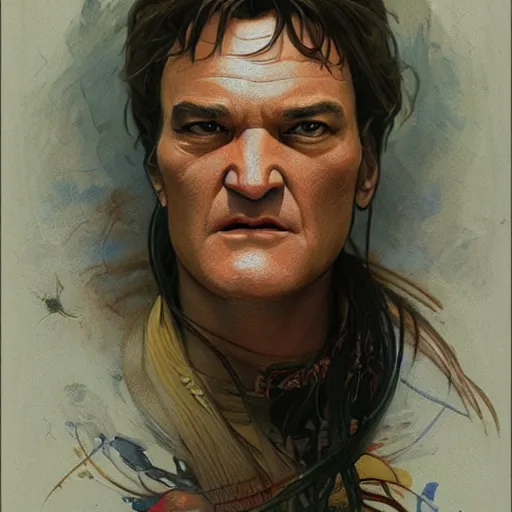 Prompt: beautiful lifelike award winning pencil illustration of quentin tarantino trending on art station artgerm greg rutkowski alphonse mucha museum quality cinematic atmospheric