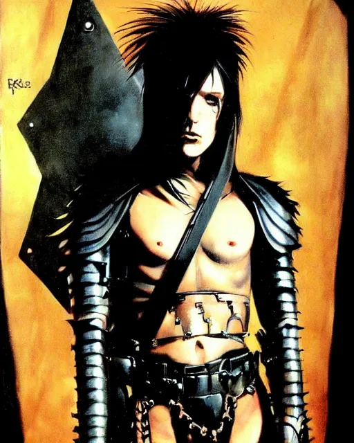 Image similar to portrait of a skinny goth punk keany reeves wearing armor by simon bisley, john blance, frank frazetta, fantasy, chrome thief warrior