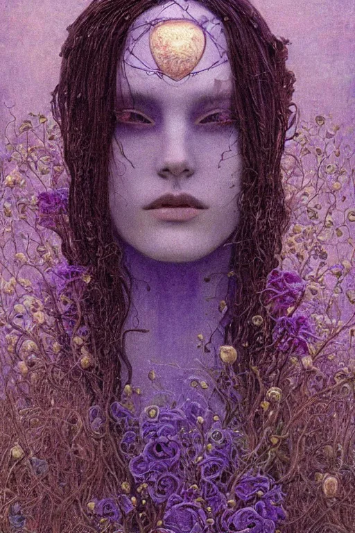 Image similar to portrait of beautiful gothic young mainem, more thunderstorm, cyber armor, a lot of scars, more and more flowers, purple head, the middle ages, highly detailed, artstation, illustration, art by jean delville, 8 k quality, art by greg gandy and gustav klimt