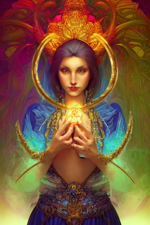 Image similar to portrait of a beautiful sorceress by artgerm, mandala, rococo, vivid color, complementary color, golden ratio, detailed, sharp lines, sharp focus, intricate, rainbowshift, by maxfield parrish, by peter mohrbacher, by gustave dore, by alphonse mucha, deviantart, octane render