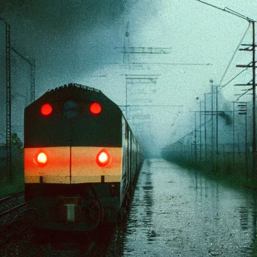 Prompt: 1990s perfect 8K HD professional cinematic photo of a train in dystopian world, at evening during rain, at instagram, Behance, Adobe Lightroom, with instagram filters, depth of field, taken with polaroid kodak portra