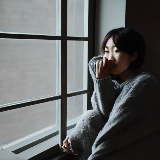 Image similar to a woman sitting on a window sill looking forward out the window, hands on cheeks, grey sweater, a stock photo by chen jiru, tumblr, aestheticism, movie still, pretty, pixiv