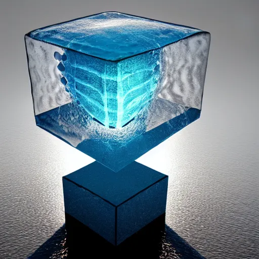 Prompt: a sculpture made of water in the shape of cube, on the ocean water, water manipulation photoshop, cgsociety, cinematic, in the style of johnson tsang, long shot, hyper detailed, hyper realistic, ray tracing, 8 k resolution, sharp focus, realistic water, award winning