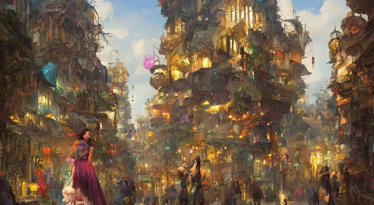 Image similar to bazaar zouk oriantal place mosquet multicolorful sky shine matte painting, street art, trending on artstation, by huang guangjian and gil elvgren and sachin teng