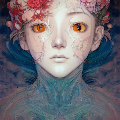 Image similar to prompt : flora portrait soft light painted by james jean and katsuhiro otomo and erik jones, inspired by evangeleon anime, smooth face feature, intricate oil painting, high detail illustration, sharp high detail, manga and anime 1 9 9 9