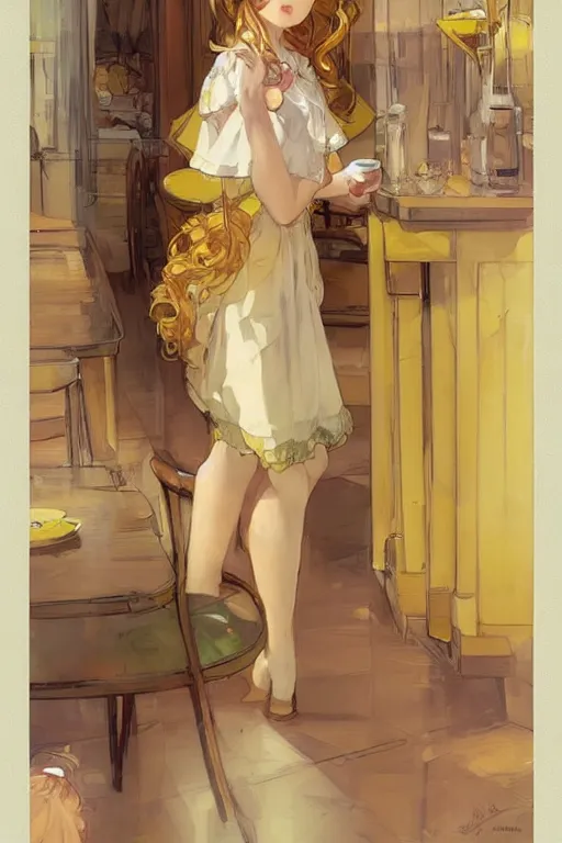 Prompt: A girl in a maid's outfit in a cafe a afternoon, wavy hair yellow theme,S line,45 angel by krenz cushart and mucha and wlop and greg rutkowski