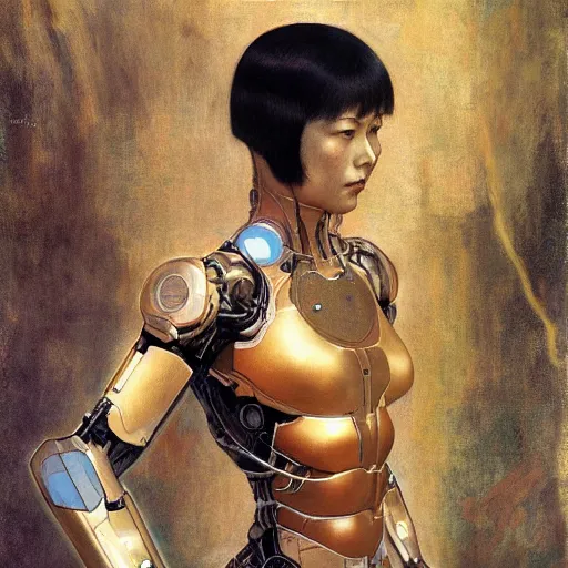 Image similar to cyborg woman in tokyo,, by Edgar Maxence and Ross Tran and Michael Whelan and Gustav Klimpt