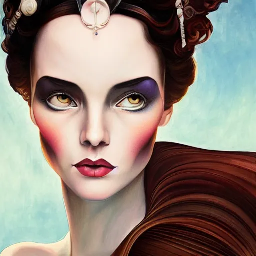 Image similar to an art nouveau, ( streamline moderne ), multi - racial portrait in the style of anna dittmann and charlie bowater and magali villenueve. very large, clear, expressive, and intelligent eyes. centered, ultrasharp focus, dramatic lighting, photorealistic digital matte painting, intricate symmetrical ultra detailed background.