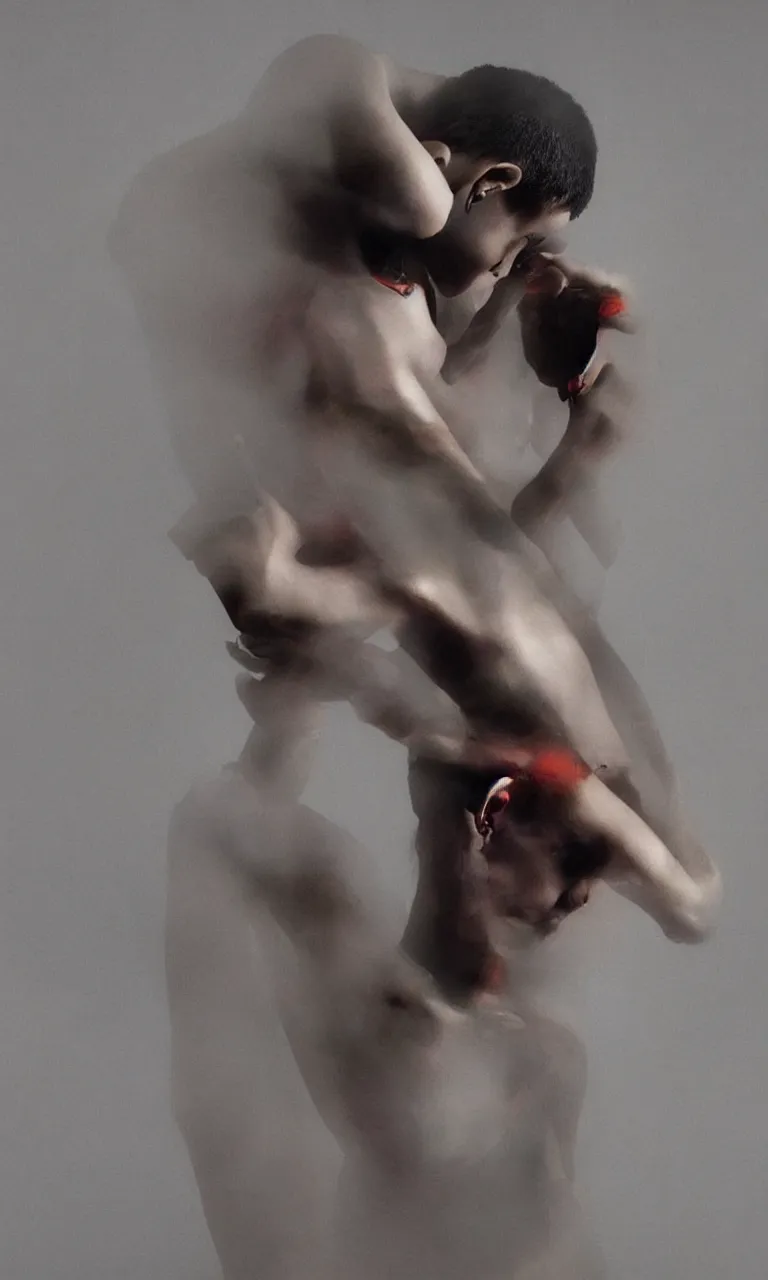 Prompt: Arca album cover, Arca emerging from the fog, Arca with opal flesh and mechanical instrument limbs