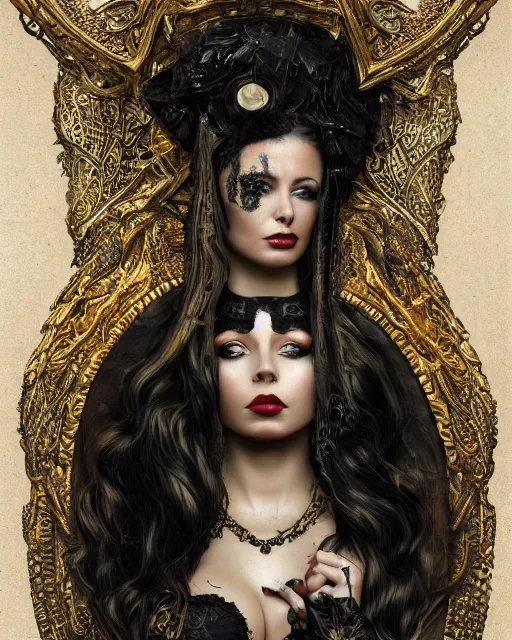 Image similar to concept art, Christy Mack, beautiful, frank frazetta, ornate, art nouveau, symmetrical, gold jewelry, high contrast, unbiased render, Emil melmoth, eerie, haunting, victorian, 8k, octane render, style of Gustav Klimt, head and shoulders