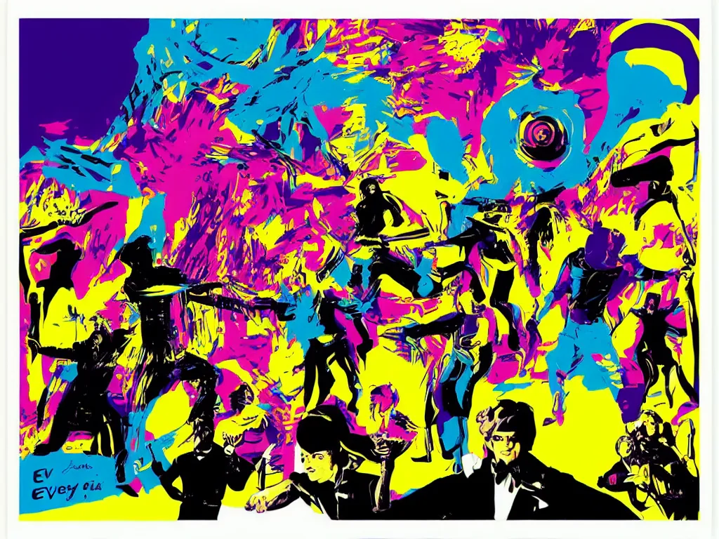 Image similar to Science fiction disco in silhouette, 1960s pop art with bold, bright colors by Evelyne Axell.