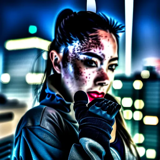 Image similar to photographic portrait of a techwear woman holding a shotgun, holding shotgun down, closeup, on the rooftop of a futuristic city at night, sigma 85mm f/1.4, 4k, depth of field, high resolution, full color, award winning photography, inspired by Kill Bill, inspired by John Wick, inspired by Die Hard, movies with guns, movie firearms