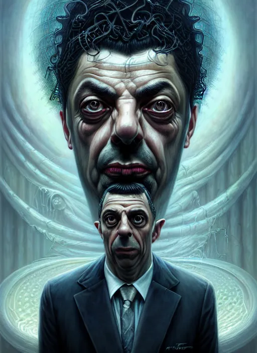 Image similar to lovecraft biopunk portrait of rowan sebastian atkinson, by tomasz alen kopera and peter mohrbacher