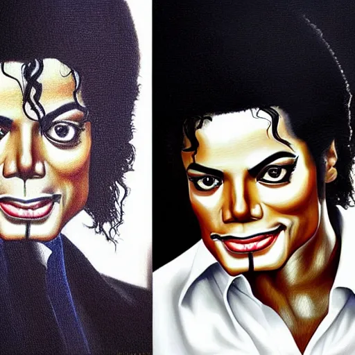 Prompt: Caricature portraits done of Michael Jackson, realistic, hyperrealistic, very realistic, highly detailed, very detailed, extremely detailed, detailed, oil painting, digital art, trending on artstation