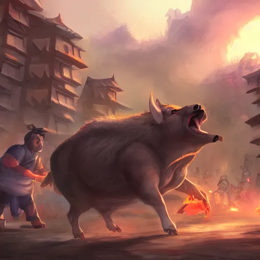 Prompt: giant boar destroying a town while bystanders watch, 4k, detailed, illustration, artstation - Porforever, by porforever,