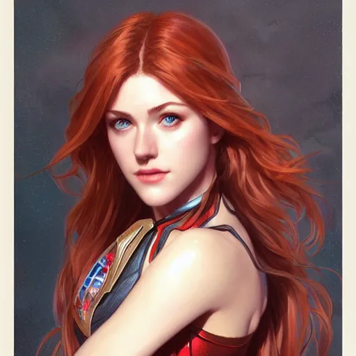 Prompt: Katherine McNamara as Super Girl, western, D&D, fantasy, intricate, elegant, highly detailed, digital painting, artstation, concept art, matte, sharp focus, illustration, art by Artgerm and Greg Rutkowski and Alphonse Mucha