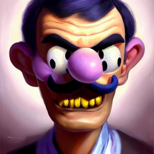 Image similar to portrait painting waluigi, silly, angry, rolling his eyes, painted by greg rutkowski, soft, sharp details, hyper realistic