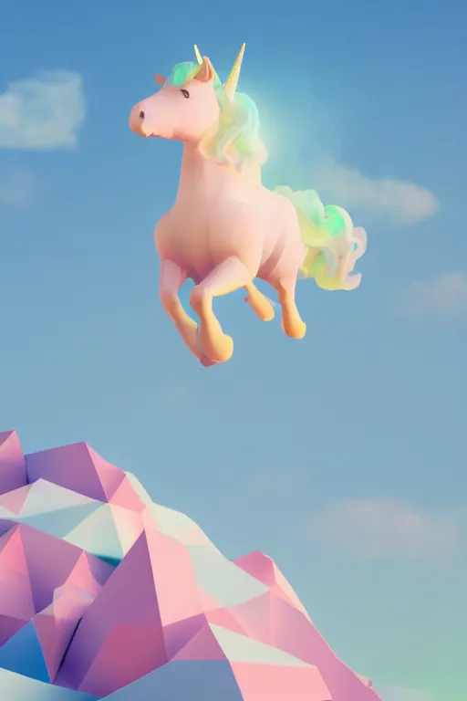 Image similar to geometric 3 d render, soft bright pastel, anthropomorphic egg riding unicorn in the middle, mountains surrounding, rule of thirds