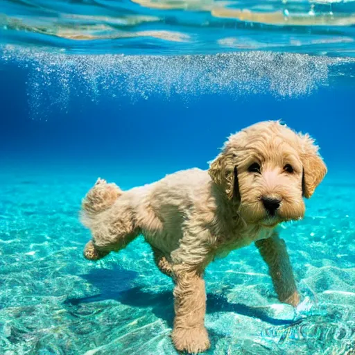 Prompt: Golden labradoodle puppy snorkelling