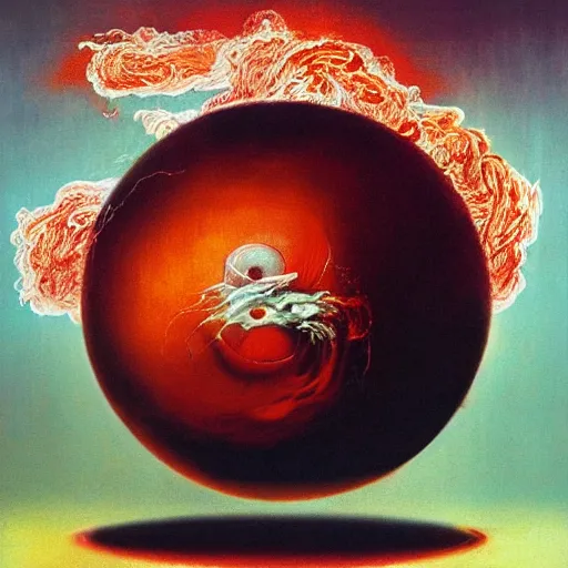 Image similar to a sphere being devoured by abstract splatters of paint in the style of francis bacon, venus being engulfed in flames in the style of james jean, surreal, beksinski, high detailed