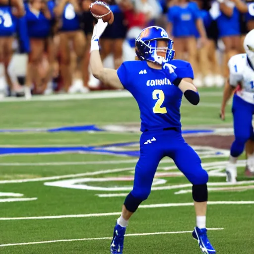 Prompt: cosmo cougar wearing a royal blue uniform throwing a touchdown pass in the NCAA championship