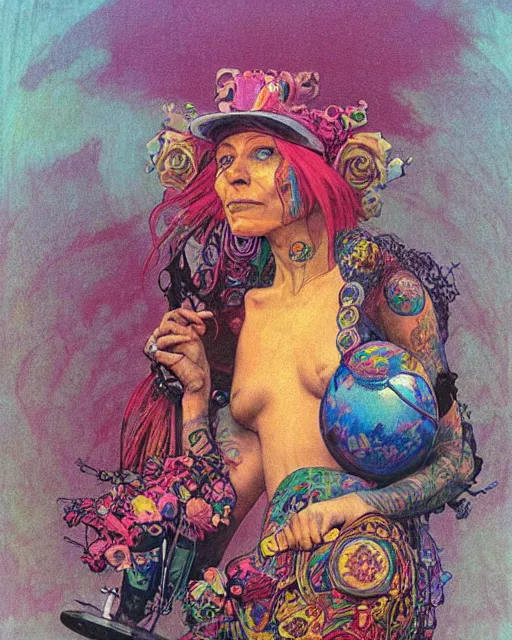 Image similar to rainbow flowerpunk portrait of a skateboarding tattooed matriarch by paul lehr, beksinski, alphonse mucha