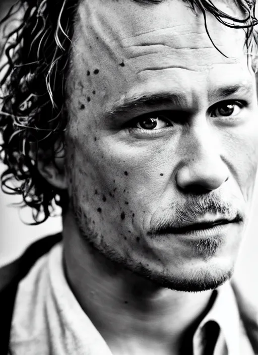 Image similar to DSLR photo portrait still of 43 year old age 43 Heath Ledger at age 43!!!, 85mm f1.8