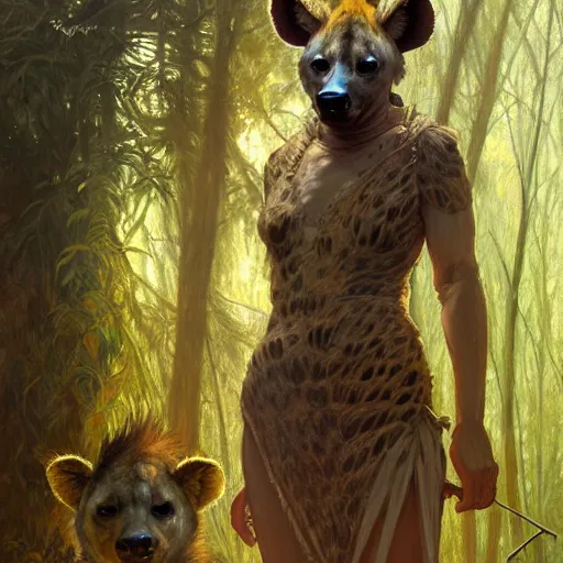 Image similar to photo of a humanoid hyena were a dress in the forest, highly detailed, digital painting, artstation, smooth, sharp focus, illustration, art by artgerm and greg rutkowski and alphonse mucha