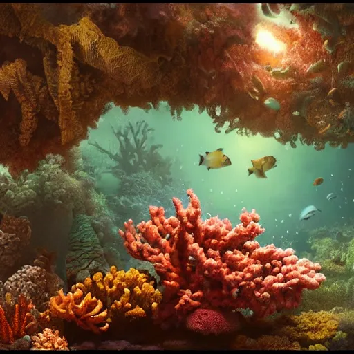 Prompt: a painting of a underwater scene with corals and plants, a detailed matte painting by Kim Keever, cg society contest winner, fantasy art, rendered in unreal engine, unreal engine, cryengine