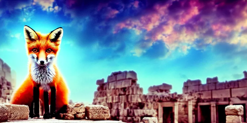 Image similar to a beautiful small fox in the huge ruins of the second temple in jerusalem, dreamy sky, the third temple hovers quietly hiding in the sky above, very colorful painting 8 k trending on art station, intricate superb details, digital art, very very very realistic, cinematic lighting, volumetric lighting, photographic, blur bokeh defocus dof sky.