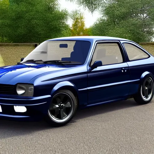 Image similar to ford escort modified navy blue, highly detailed, 8 k, masterpiece, super resolution.