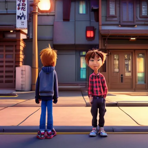 Prompt: hiro and tadashi hamada standing in front of their home in san fransokyo, pixar film, big hero 6, hyper detailed, digital art, trending in artstation, cinematic lighting, studio quality, smooth render, unreal engine 5 rendered, octane rendered