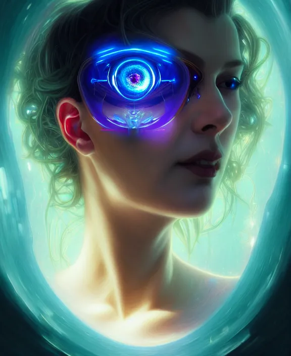 Image similar to a whirlwind of souls rushing inside the metaverse, hologram, half body, neurochip, shaved temple, piercing, jewelry, android, cyborg, cyberpunk face, by loish, d & d, fantasy, intricate, elegant, highly detailed, colorful, digital painting, artstation, concept art, art by artgerm and greg rutkowski and alphonse mucha