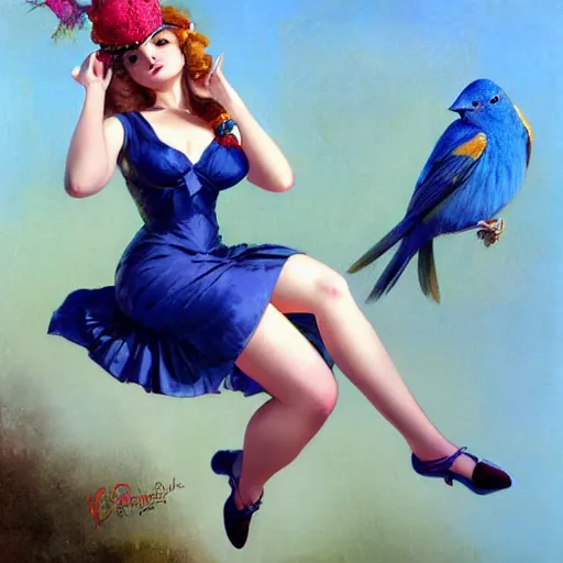 Prompt: an indigo bunting, bird, wearing a crown and bowtie by greg rutkowski, rossdraws, gil elvgren, enoch bolles, anime, very coherent