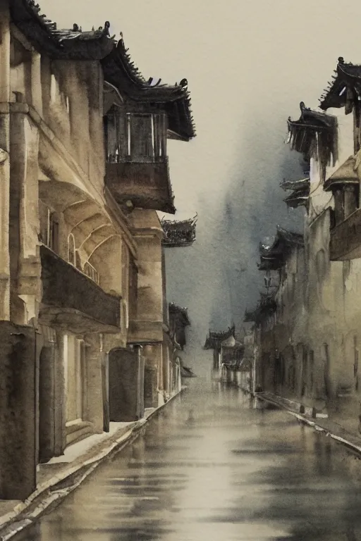 Image similar to A watercolor of Wukang Mansion, a deserted street after rain, cloudy overcast sky, poignant, high contrast of light and dark, smooth, by Joseph Zbikowicz, 8k