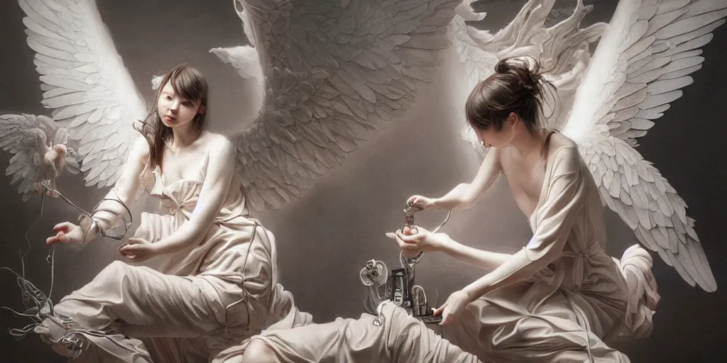 Prompt: hyperrealistic photography of angels assisting a genepool machine in the style of Jin Kagetsu, patricia piccinini, James Jean and wlop, highly detailed, masterpiece, award-winning, sharp focus, intricate concept art, ambient lighting, 8k, artstation