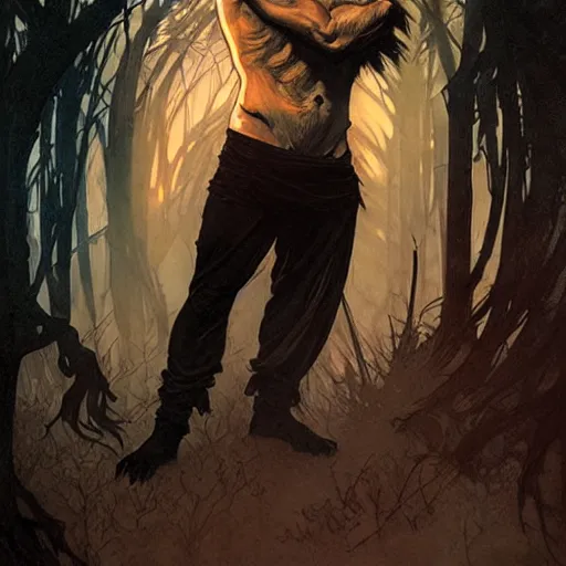 Prompt: a male werewolf, illustration, thriller atmosphere, art by artgerm and greg rutkowski and alphonse mucha