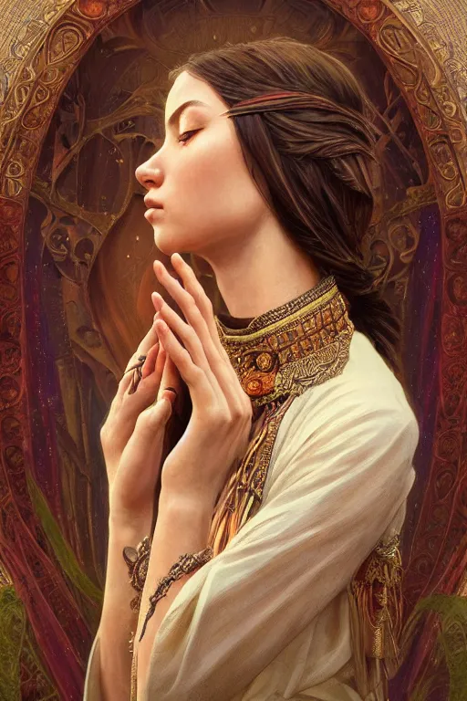 Prompt: ultra realistic illustration, a stunningly beautiful shaman girl praying, intricate, elegant, highly detailed, digital painting, artstation, concept art, smooth, sharp focus, illustration, art by artgerm and greg rutkowski and alphonse mucha