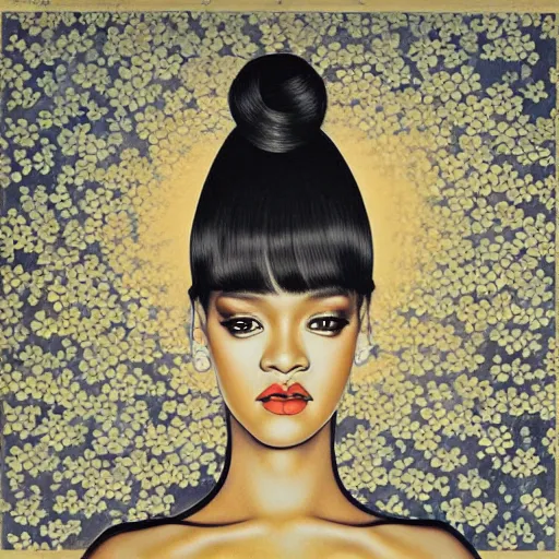 Prompt: “ rihanna portrait by ikenaga yasunari and ayana otake and ko rakusui, 6 0 s poster, drawing, realistic, sharp focus, japanese, dreamy, nostalgia, faded, golden hues, floral clothes, porcelain skin ”