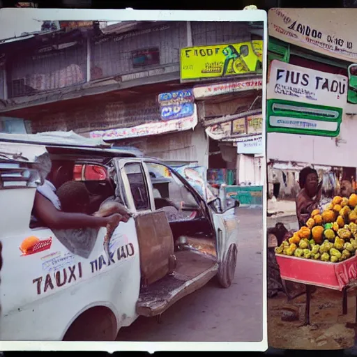 Prompt: old polaroids of futuristic african mobile market places in lagos traffic, side of taxi as fruit stand, digital advertising screens